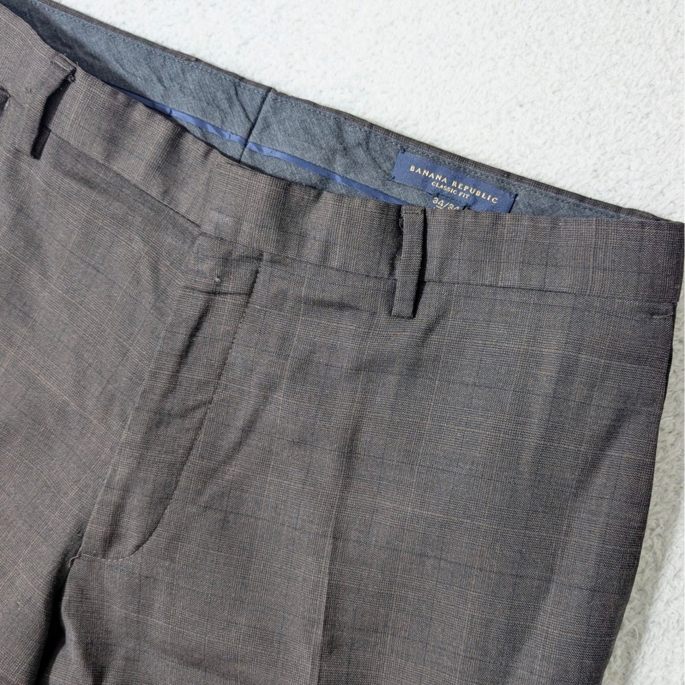 Banana Republic Mens 34x34 Classic Fit Wool stretch Brown Glen Check Dress Pants